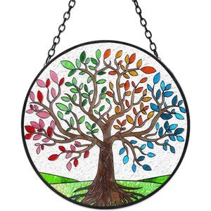 Tree of Life Stained Glass Suncatcher Four Season Theme Colorful Leaves
